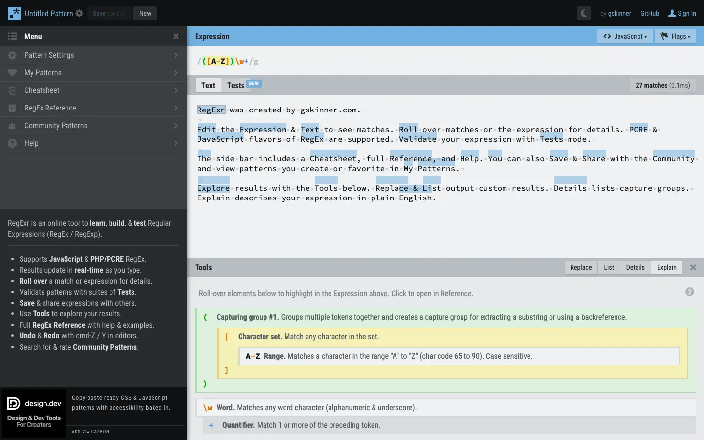 Screenshot of RegExr
